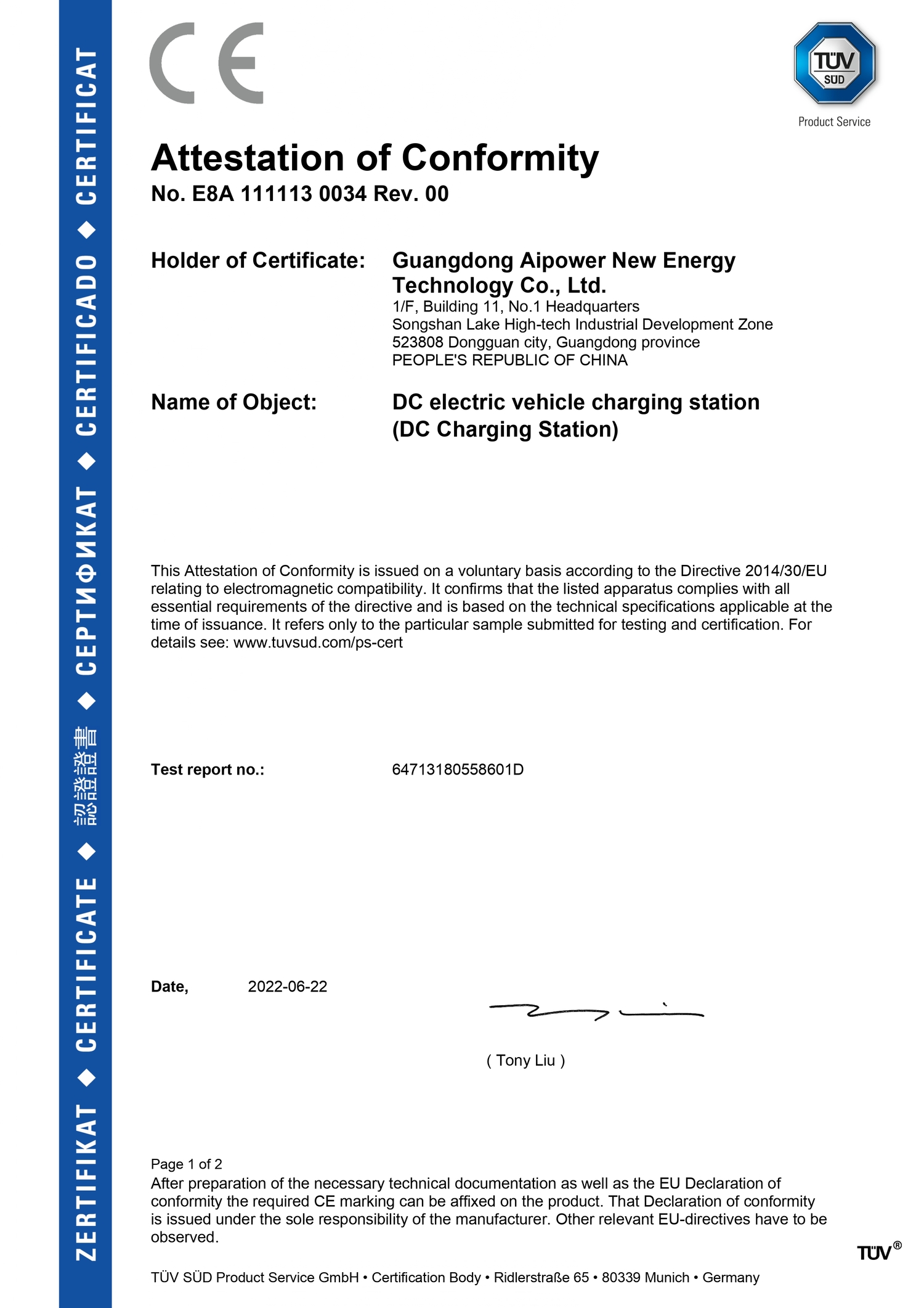 CE Certificate -EMC TUV for DC charging stations 60KW-150KW_page-0001